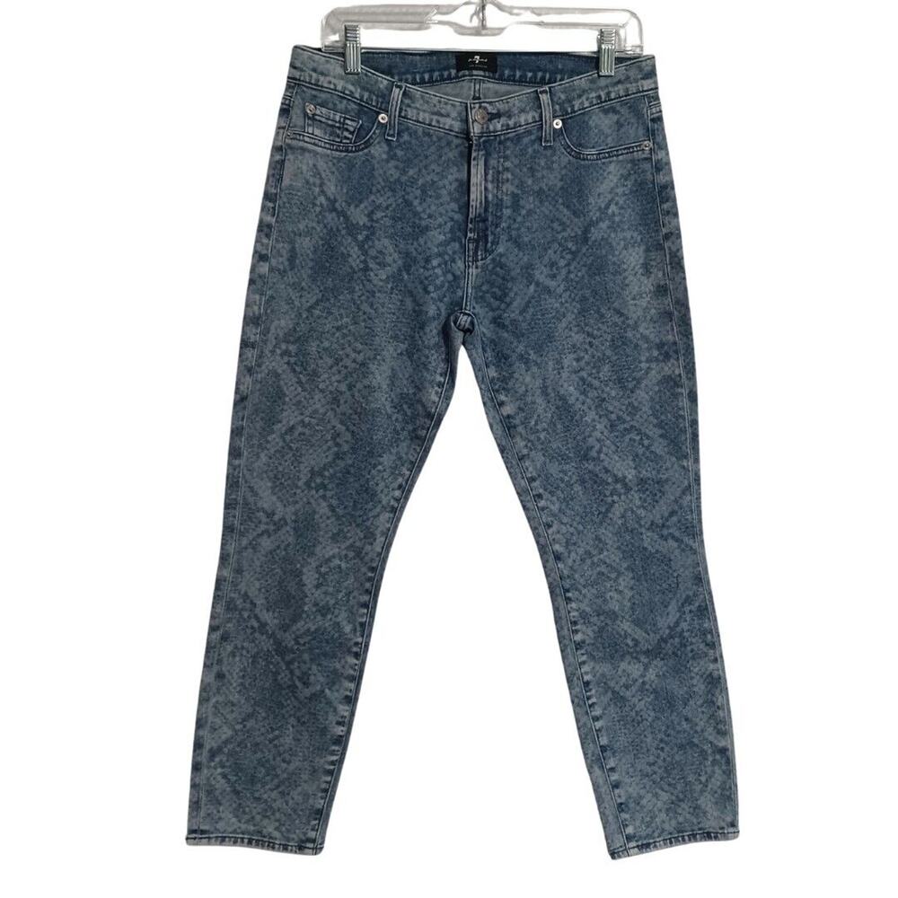 7 For All Mankind Skinny Ankle Jeans Women Size 30 Blue Snake Print Coated Denim